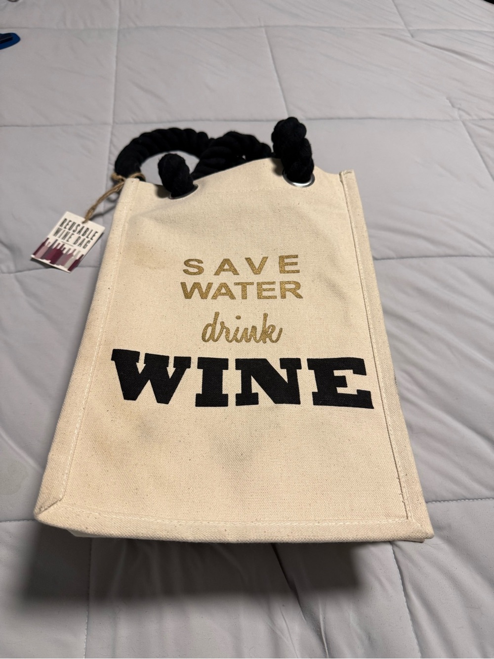 Canvas Wine Tote Bag - Save Water Drink Wine - Cream and Black